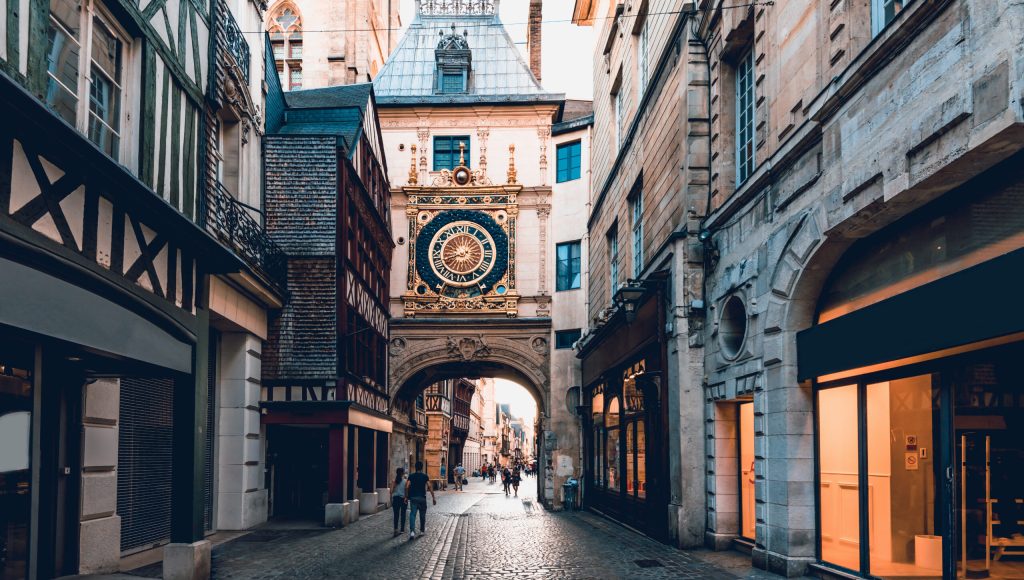 Street with the Gros-Horloge (Great-Clock) is a fourteenth-century astronomical clock and timber framing houses in Rouen, Normandy, France