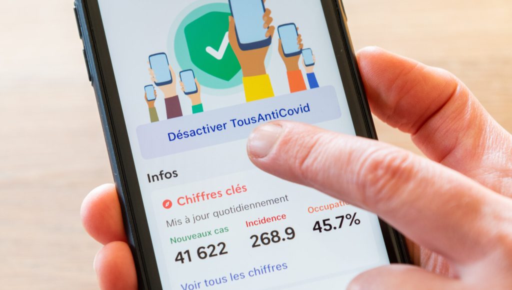 Paris, France - October 23, 2020 : Tousanticovid app on a smartphone. The Tousanticovid app developed by the French government to support deconfinement in France